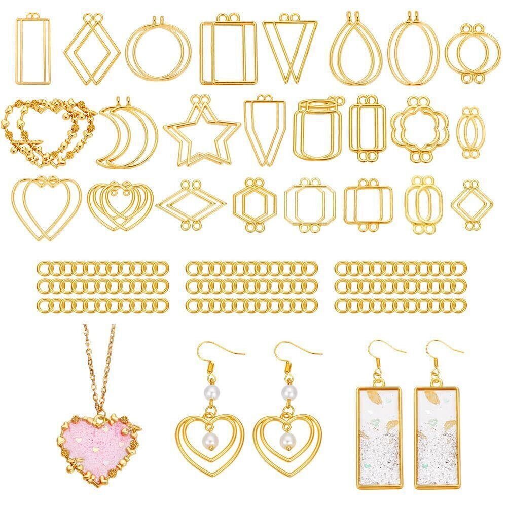 9408 96Pcs Open Bezels for Resin with 120pcs Jump Rings Mixed Shapes Gold
